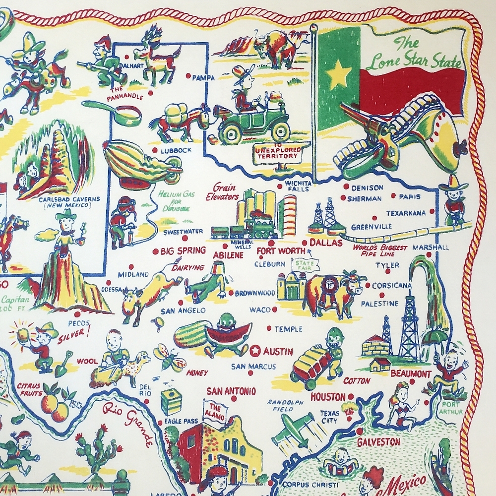 SOLD Vtg Texas Novelty Souvenir Tablecloth 37"x 32" Lone Star State Caricature - Picture 4 of 15